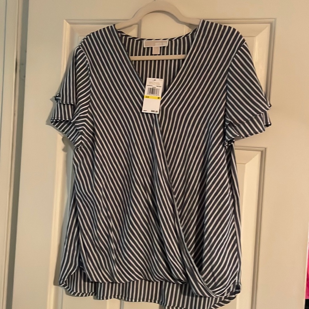 NWT Michael Michael Kors ruffle sleeve faux wrap ladies M striped top